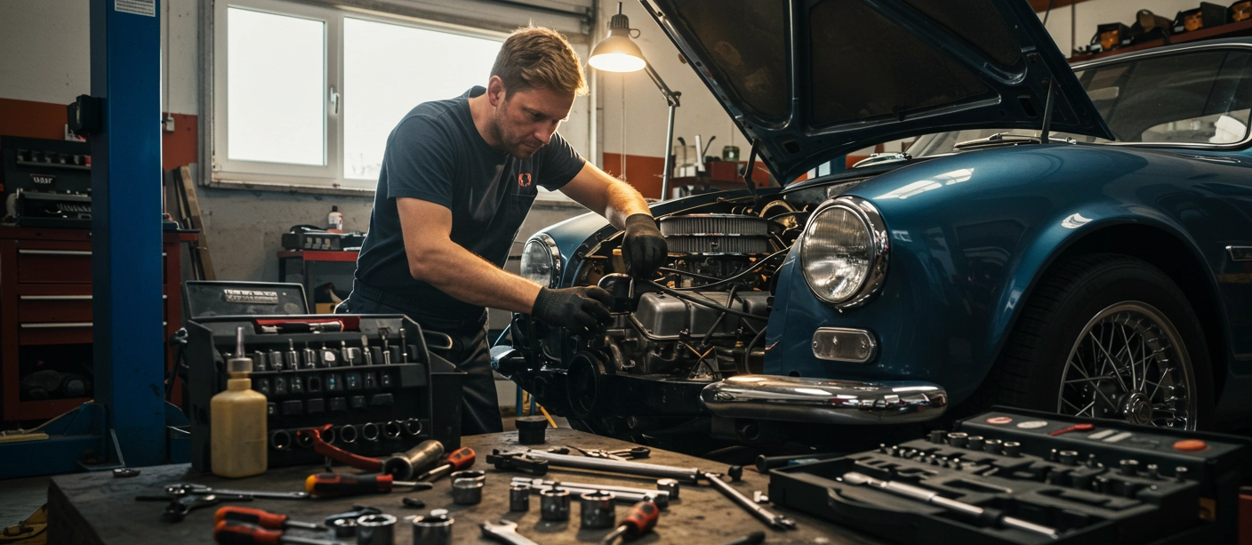 A mechanic performing one of our pro-level maintenance procedures on a car engine.